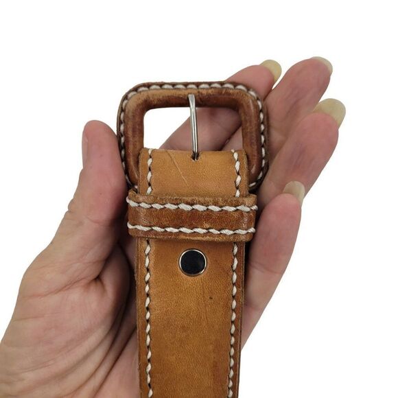 Vintage 70s Leather Belt Artisan M/L 37" Tan Rainbow Embroidered Parrot Western - Picture 2 of 10